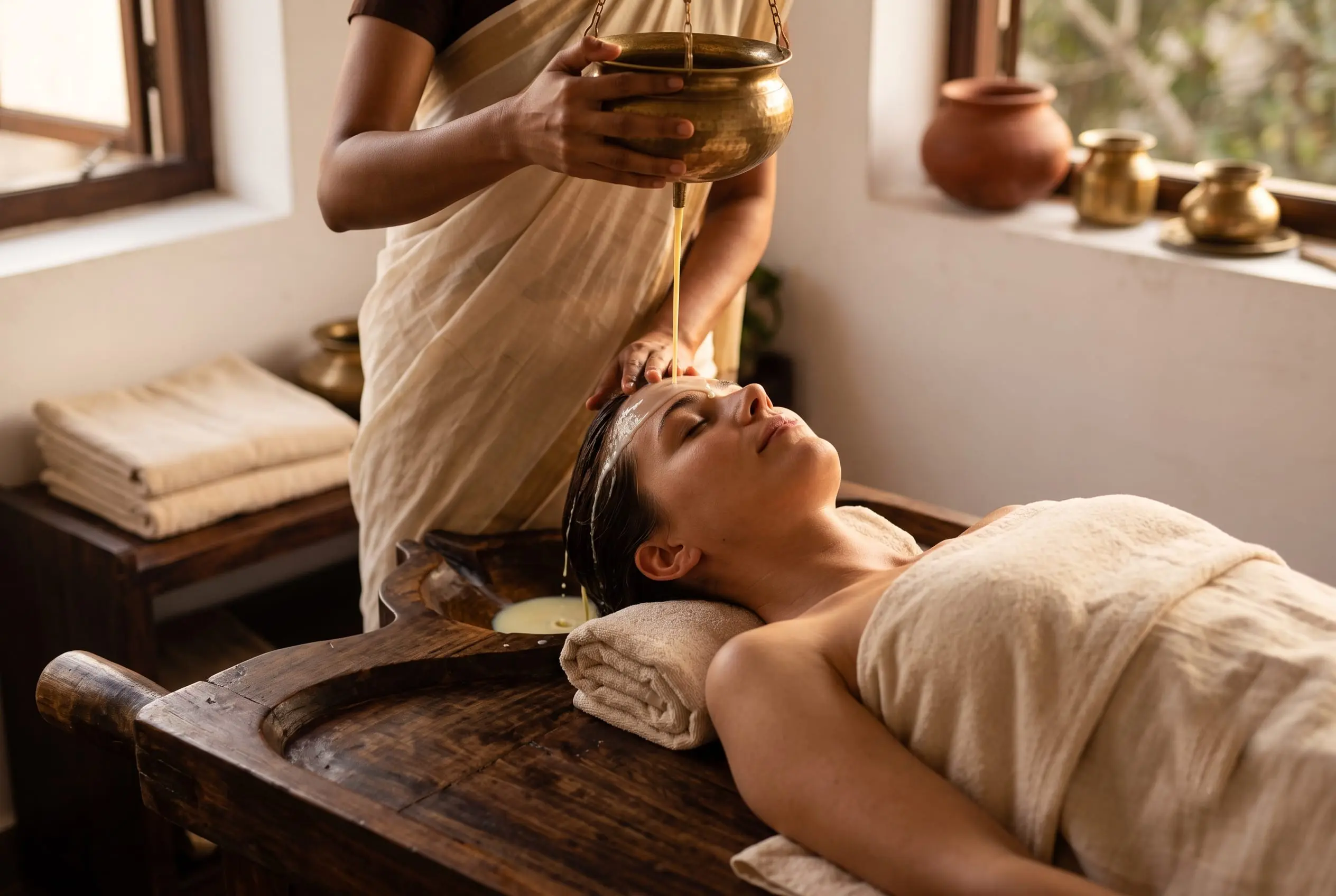 Warm medicated milk streamed from a hanging brass vessel over the guest's brow, terracotta pots by the window.
