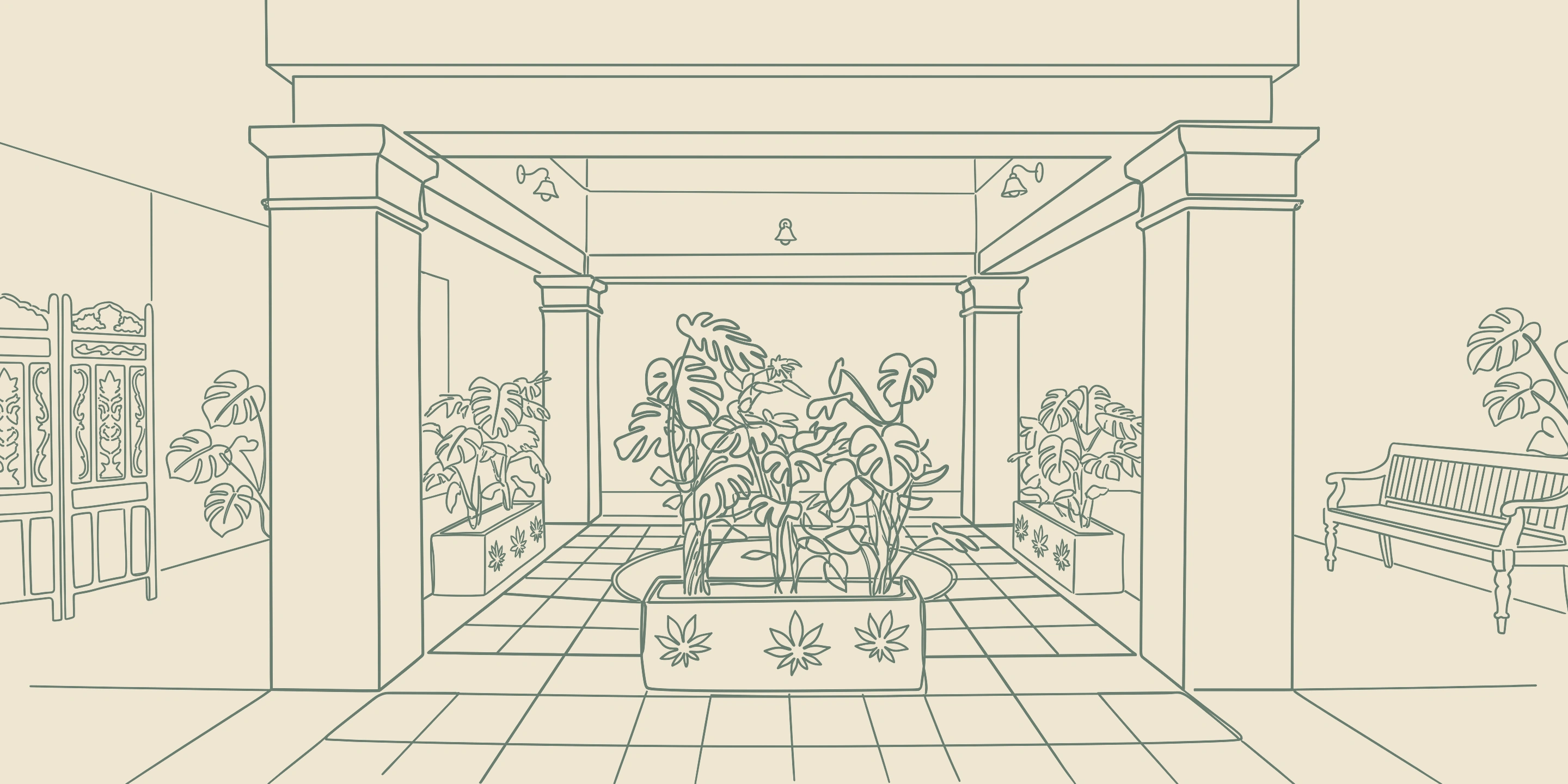 The courtyard drawn in a single sage line: square pillars, hanging lamps, planters of monstera, a carved screen and a wooden bench.