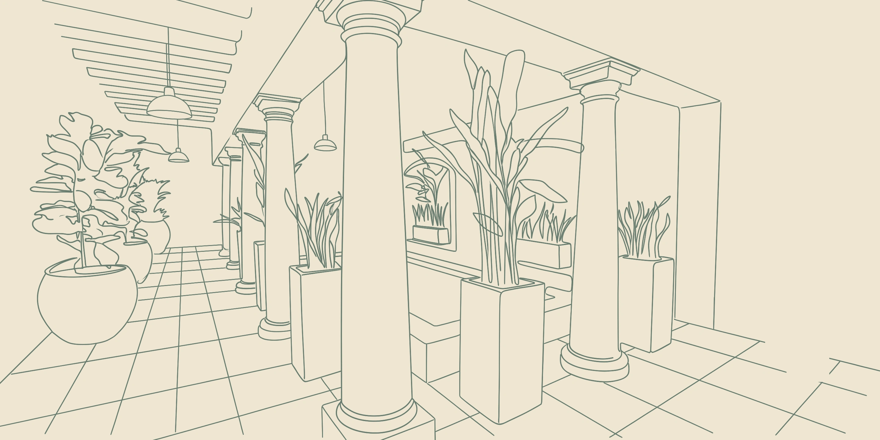 The pillared verandah drawn in a single sage line: potted palms between columns, pendant lamps, a tiled floor.