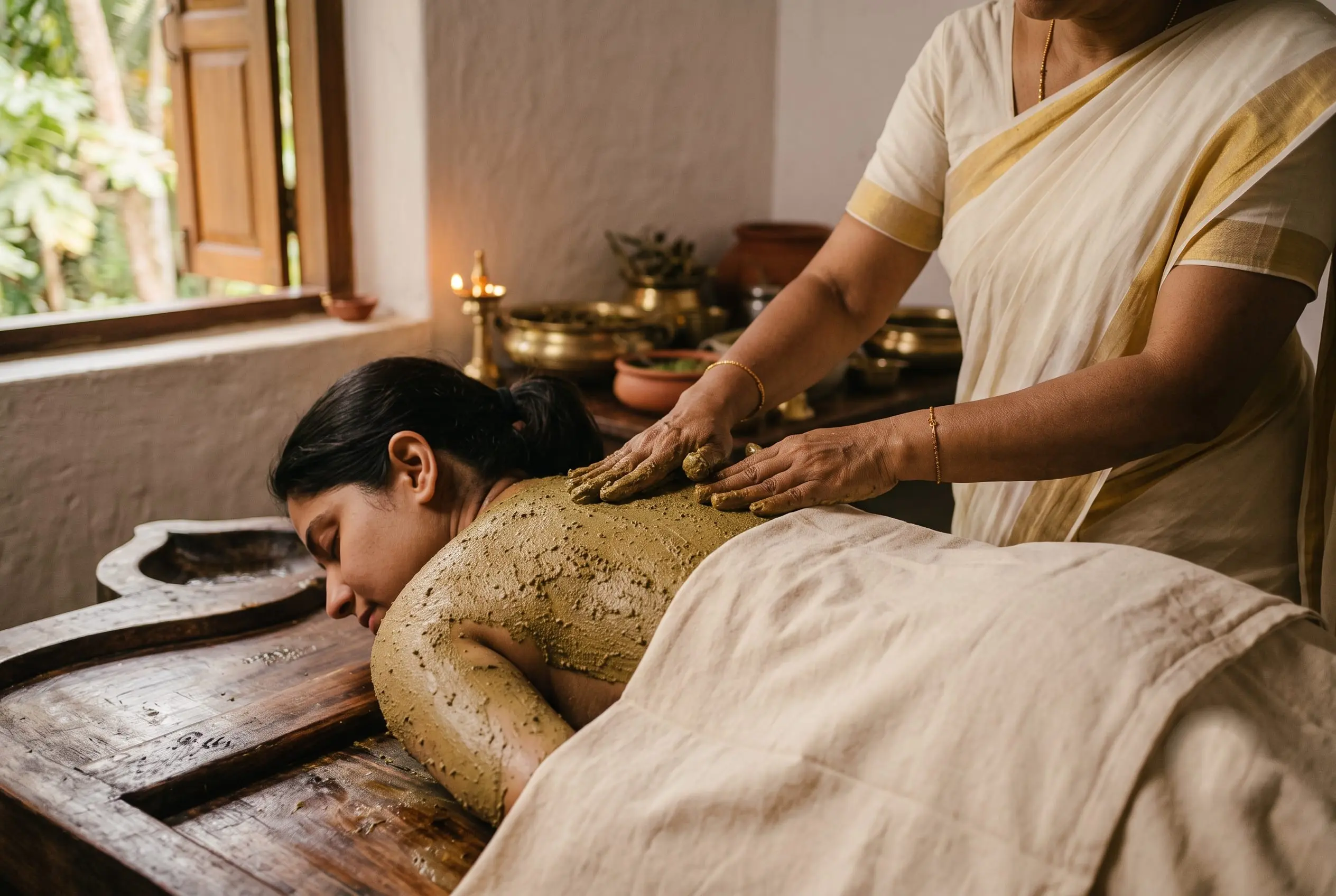Herbal paste drawn across a guest's back by careful hands, in window light.