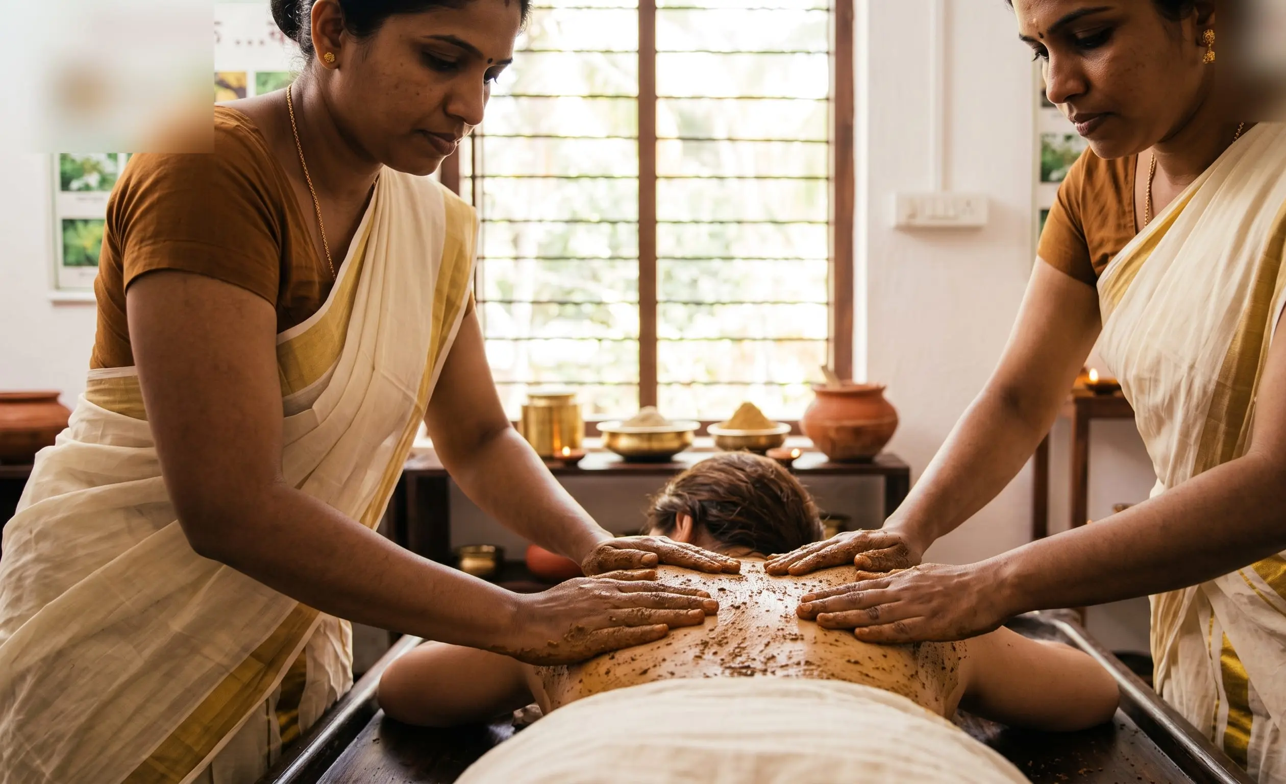 Four hands work herbal powder along a guest's back, two practitioners in one rhythm.